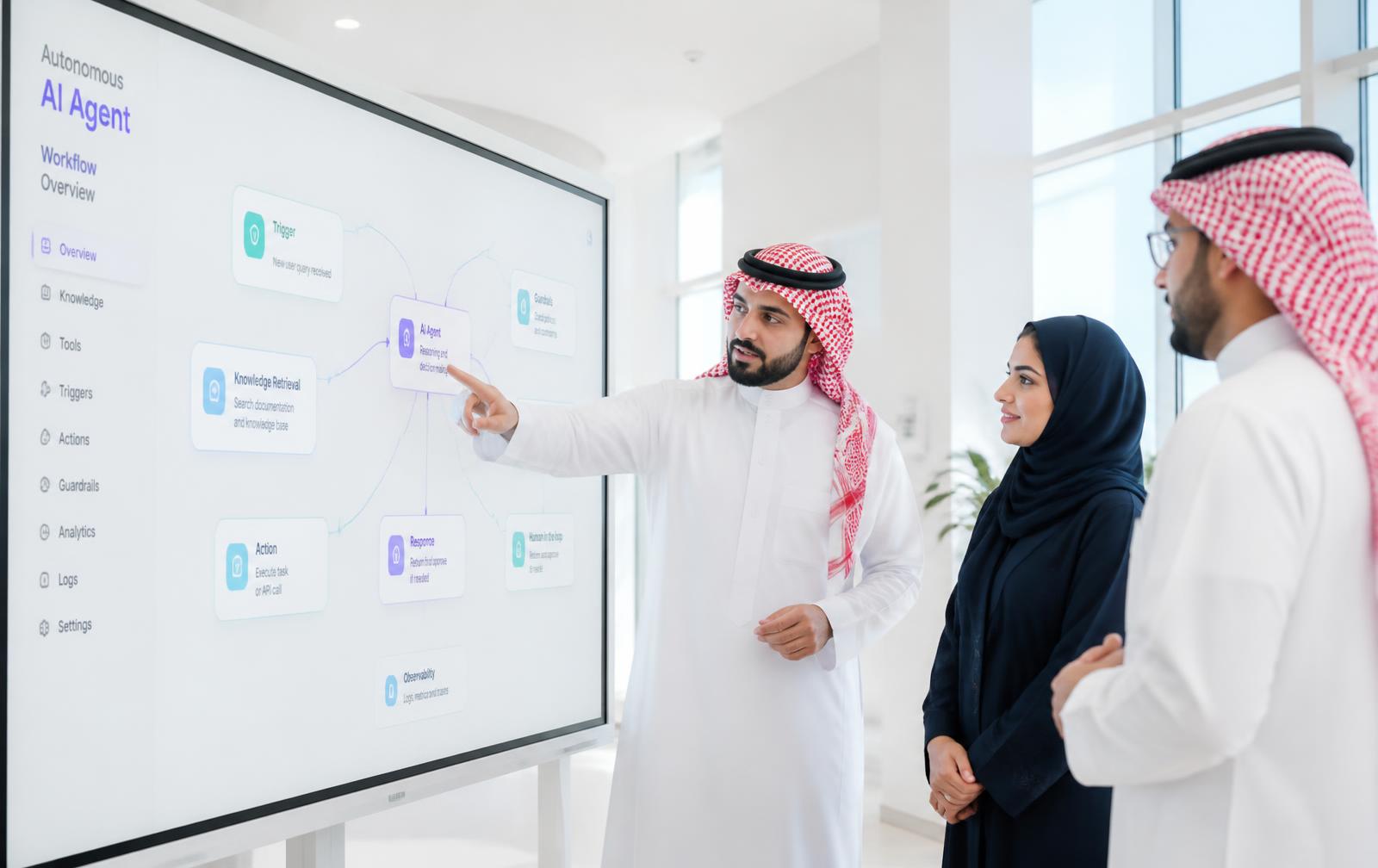 Saudi professionals reviewing an autonomous AI agent workflow on a large bright screen