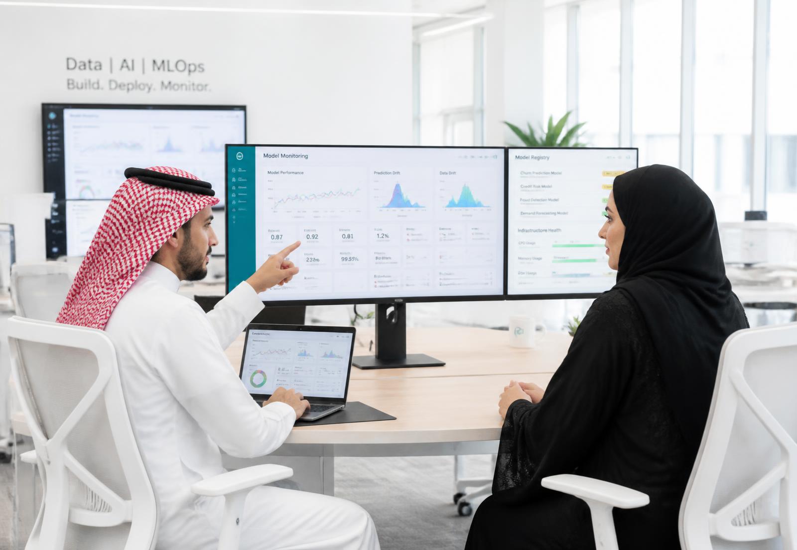 Saudi engineers monitoring AI models in a bright, modern data workspace