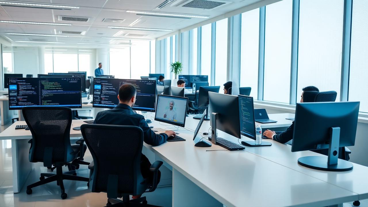 Saudi software engineers using AI coding assistants in a bright Riyadh office