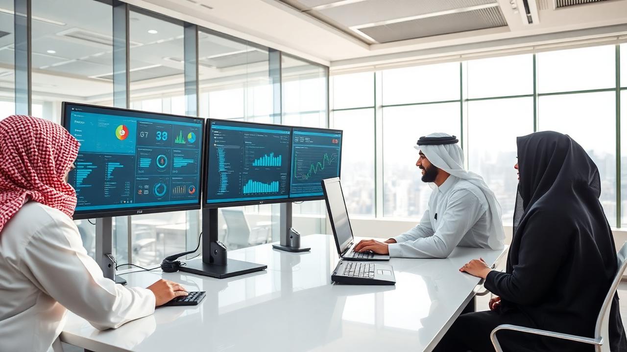 Saudi professionals reviewing enterprise application dashboards in a modern Riyadh office