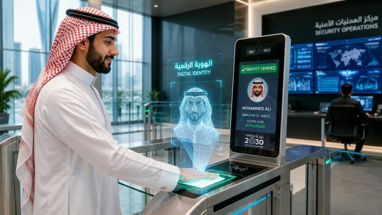 Saudi professional using a biometric identity verification gate in a modern Riyadh building