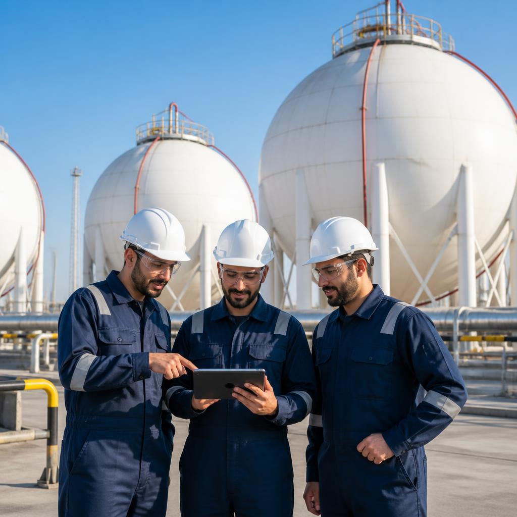 Saudi engineers reviewing operations at a modern LPG storage facility