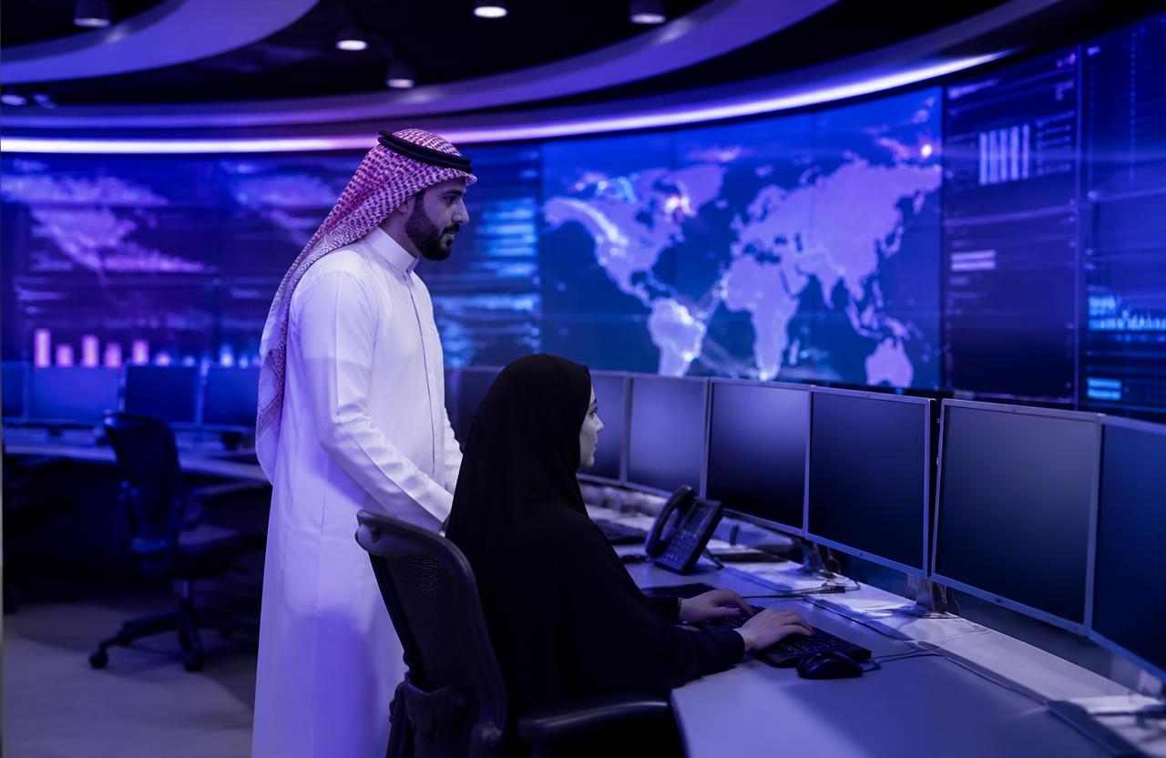 Engineers monitoring analytics dashboards in an operations control room