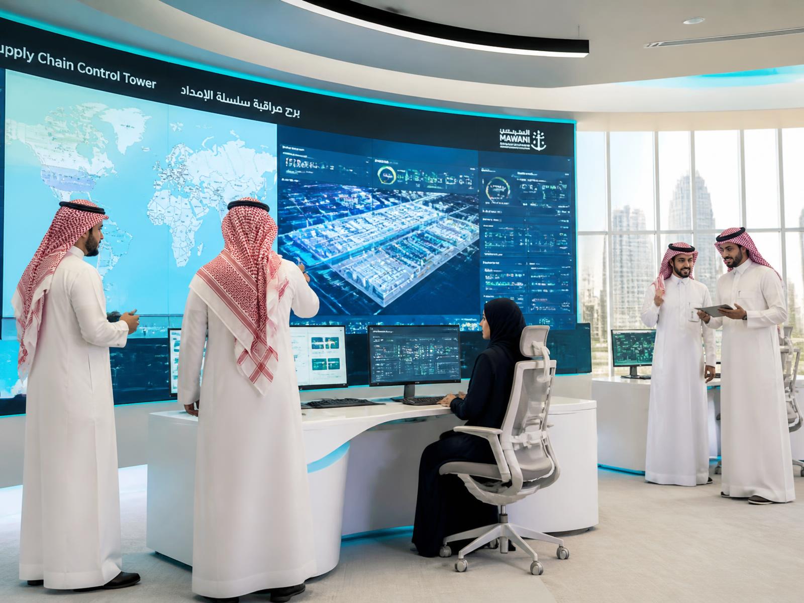 Saudi supply chain team monitoring a control tower wall of live network and digital twin dashboards in Riyadh