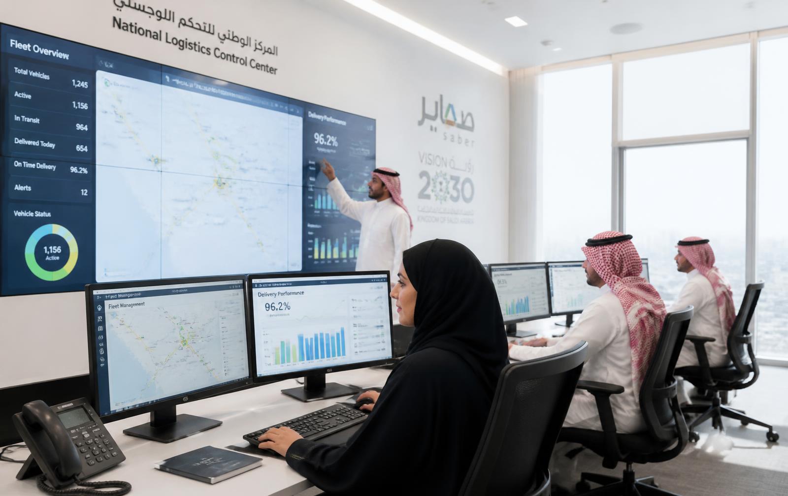 Saudi operators monitoring fleet and delivery dashboards in a bright logistics control room