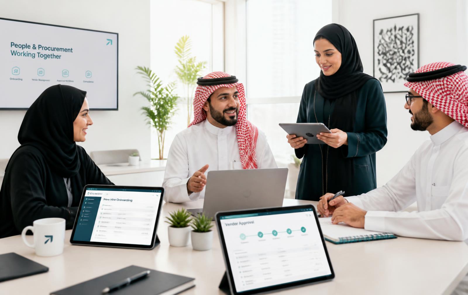 Saudi HR and procurement teams collaborating on onboarding and vendor approval workflows
